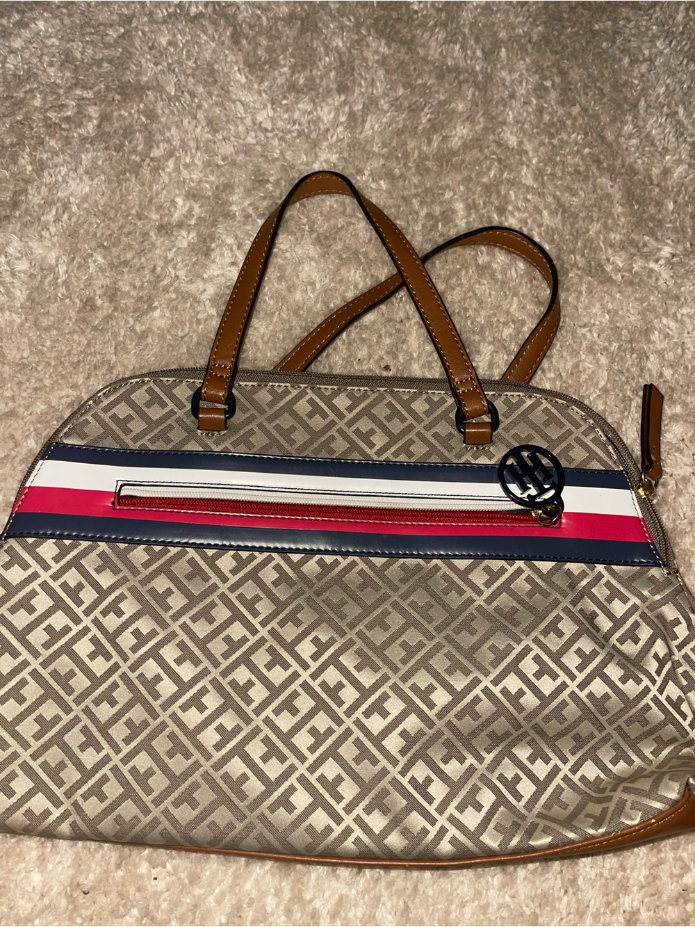 Tommy Hilfiger Beige Monogram Tote with Red, White & Navy Stripe